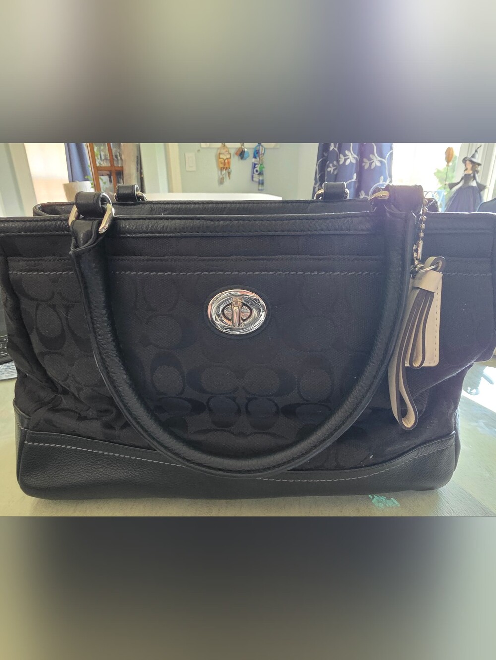 COACH Classic Black Logo-Pattern Tote Bag with Turnlock Accent